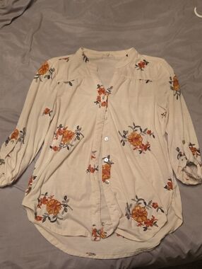 Cream Button-Front Floral Blouse with Roll-Tab Sleeves